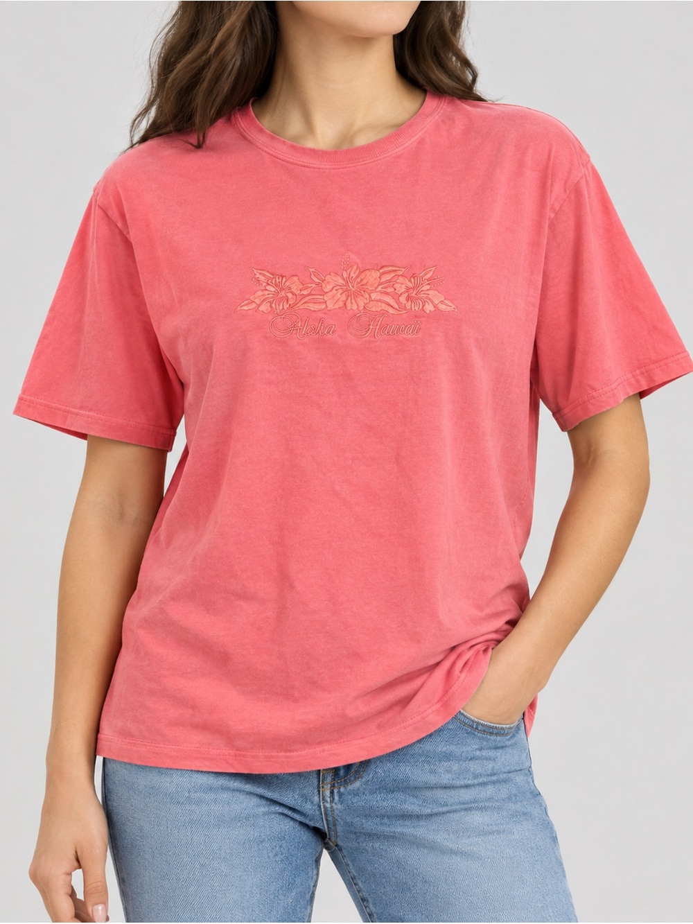 Aloha Hawaii Embroidered Hibiscus Pink T-Shirt, women’s large